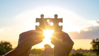 Two puzzle pieces held up against the sun, symbolizing connection and collaboration in bright sunlight