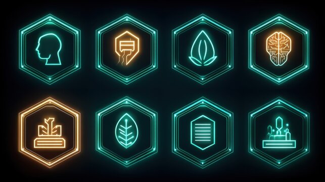 Innovative digital icons showcasing skills and concepts online design platform graphic elements dark theme creative perspective