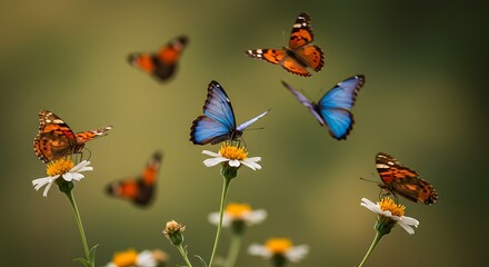 Butterflies in Flight and Perched on White Flowers in a Lush Green Garden.