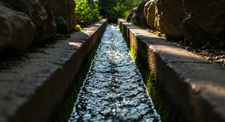 The sound of quiet water trickling through a channel.