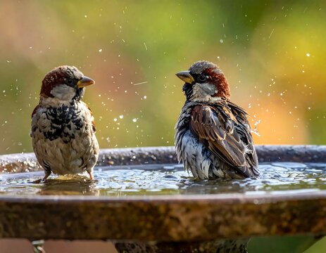 Two small brown and white birds are bathing in a shallow birdbath, with water droplets and blurred greenery