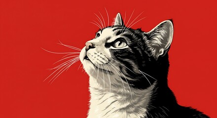 Captivating Black and White Cat with Striking Red Background.