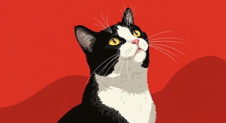 Captivating Tuxedo Cat with Golden Eyes Gazing Upward Against a Vibrant Red Background.