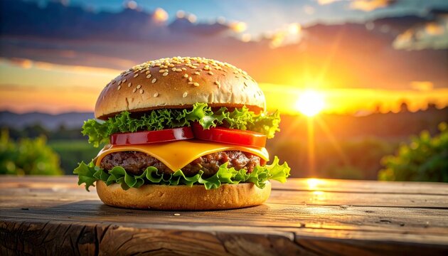 Cheeseburger with Fresh Ingredients on Wooden Surface in Sunlit Outdoor Setting