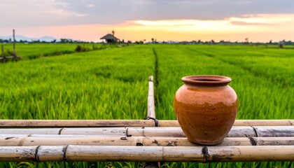 Naklejka premium Sunset over lush green rice fields with a clay pot on bamboo, capturing serene rural life and nature