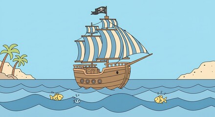 Cartoon Pirate Ship Sailing on Blue Ocean with Islands and Fish.
