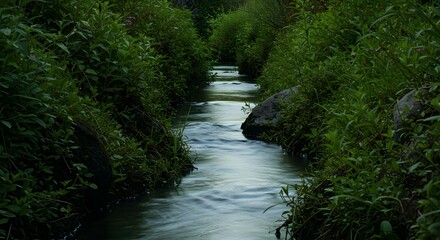 The sound of quiet water trickling through a channel.