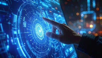 Hand Interacting with Futuristic Digital Interface in Blue Holographic Display