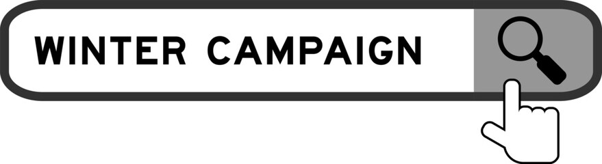 Search banner in word winter campaign with hand over magnifier icon on white background