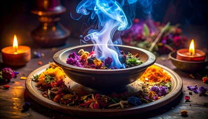 Obraz premium Colorful aromatic herbs and flowers in a bowl with smoke rising, candles flickering in a serene setting