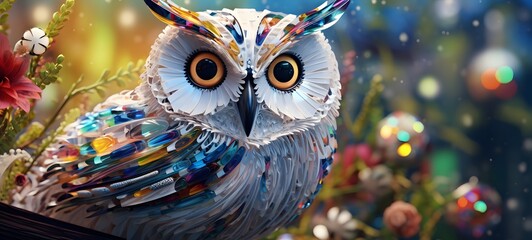A white owl , a small creature made of glass that is sitting in the palm of your hand,generative AI