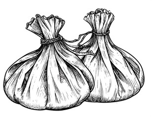 Two round, tied-up sacks rendered in detailed monochrome pen and ink. They appear to be filled and joined by a simple rope