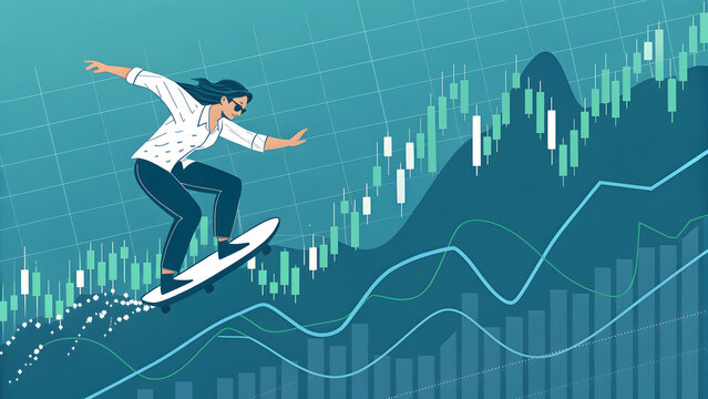 Surfer riding a wave of financial stock market growth chart - Powered by Adobe
