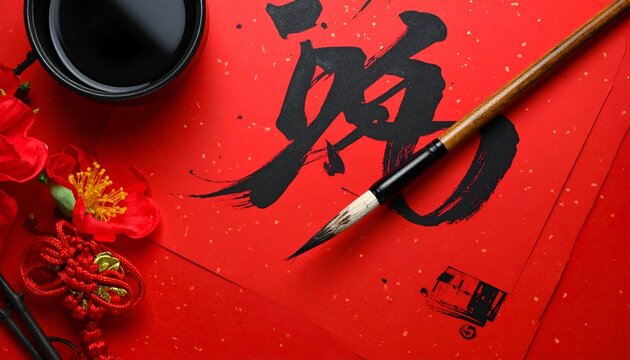 Traditional Chinese calligraphy on red paper with brush and ink, surrounded by decorative flowers and scissors