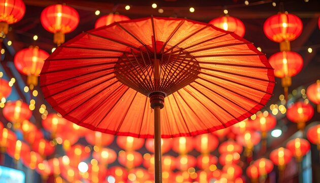 Vibrant red paper umbrella under glowing lanterns, creating a festive atmosphere in a lively market - Powered by Adobe