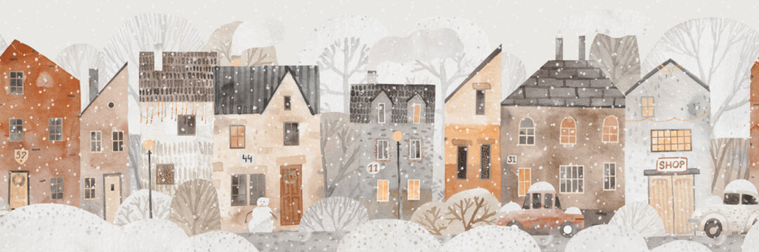 Winter city. Cute seamless pattern. Illustration for children. Watercolor. Cute houses, trees, cars.
