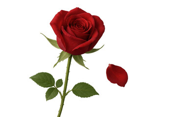 Red rose representing love and romance, with a single falling petal, on a transparent background
