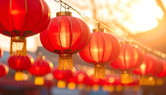 Vibrant red lanterns hanging in a festive display during sunset, creating a warm, inviting atmosphere - Powered by Adobe