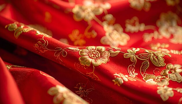 Close-up of intricately embroidered red fabric with floral patterns, showcasing craftsmanship and texture
