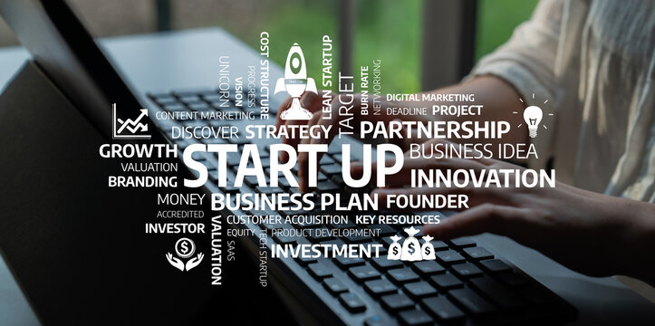 A person typing on a laptop amidst diverse business concepts showcasing entrepreneurship, innovation, and growth in a modern workspace, emphasizing dynamic startup culture. Tessel - Powered by Adobe