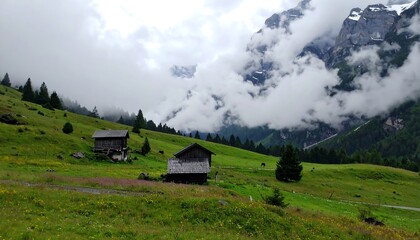 Two rustic cabins nestle in a vibrant green meadow, overlooked by towering mountains partly shrouded in low-hanging clouds. The landscape has depth and space