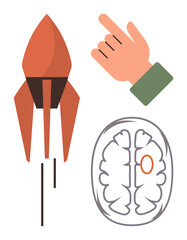 Space rocket launching, brain diagram with highlighted region, and pointing hand gesture. Ideal for science, creativity, innovation, technology, education decision-making startup metaphors. Flat