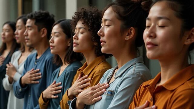Diverse group united in patriotic moment, hand over heart during Pledge of Allegiance, faces filled with national pride and unity in 4k video