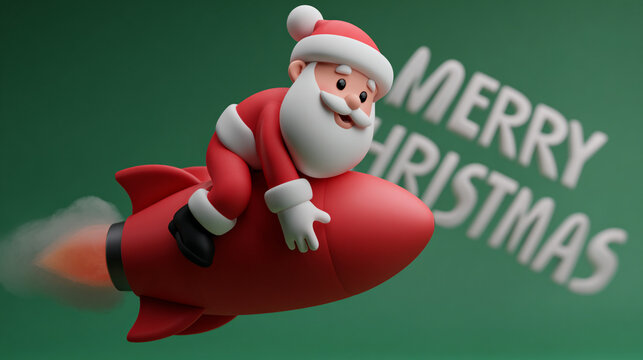 Santa on the rocket 3d rendering illustration.
