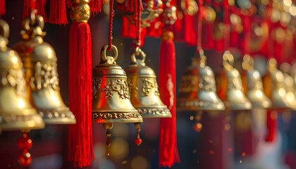 Golden bells adorned with red tassels, hanging in a vibrant market, capturing festive atmosphere and tradition