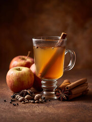 Glass of apple cider with spices on solid warm brown background