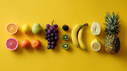 Fresh fruits arranged neatly on solid yellow background