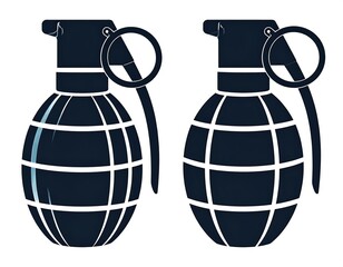 Two side-by-side graphic illustrations, depicting stylized hand grenades in dark navy blue on a stark white background. Each has a pull ring