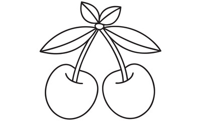 Cherry Outline Drawing – Pair of Cherries with Leaves, Minimal Line Art Fruit Vector
