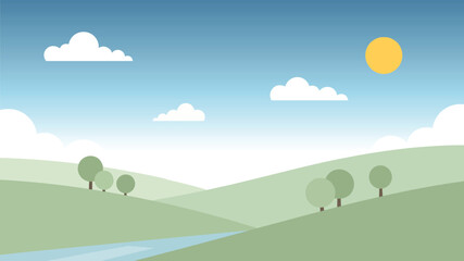 Vector illustration of a serene countryside landscape with rolling green hills, a peaceful river, and a bright sun on a clear day