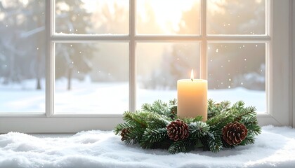 A serene winter scene featuring a lit candle on a pine wreath, with snow-covered ground and trees in the background