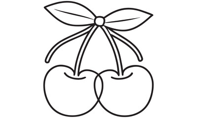 Cherry Outline Drawing – Pair of Cherries with Leaves, Minimal Line Art Fruit Vector