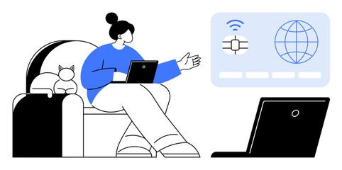 Woman sitting on a couch with laptop, cat beside her. Digital interface shows global connection data. Ideal for remote work, technology, communication, collaboration, networking, freelancing virtual
