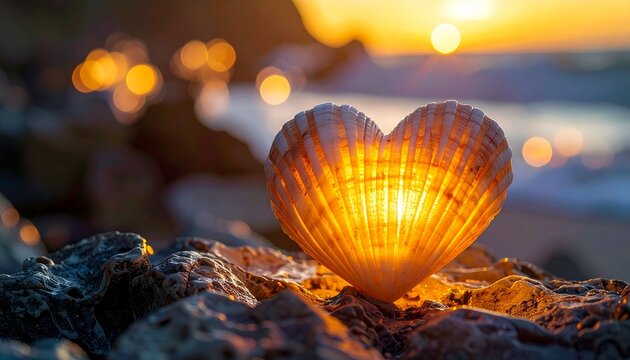 Heart-shaped seashell radiating golden light on rocky beach at sunset