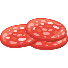 Three Round Slices Of Salami With Pink Marbling On White Background