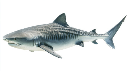 A full body shot of a tiger shark swimming with its mouth closed on white background