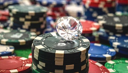 Colorful poker chips are stacked with a sparkling diamond sitting on top, against a blurred, festive background