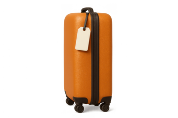 Orange suitcase with luggage tag on transparent background symbolizing travel, vacation, and tourism