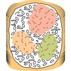 Top Down View Of A Japanese Bento Box Filled With White Rice Topped With Three Colorful Portions Of Food A Yellow Border Encircles The Box Against A Transparent Background