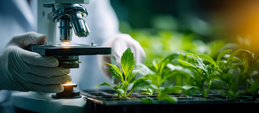 Biotechnology researcher studies plant growth with microscope in eco-friendly laboratory