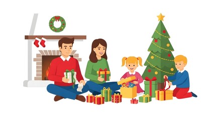 Naklejka premium Family celebrating Christmas by the fireplace with gifts and tree 