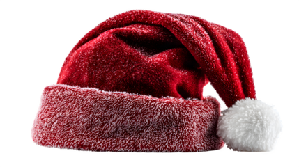 Classic Christmas Santa hat made of velvet fabric with bright red color and snowy white pom isolated on white background