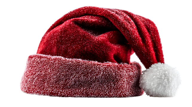 Classic Christmas Santa hat made of velvet fabric with bright red color and snowy white pom isolated on white background