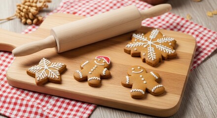 Festive gingerbread cookies and rolling pin on a wooden board for holiday baking
