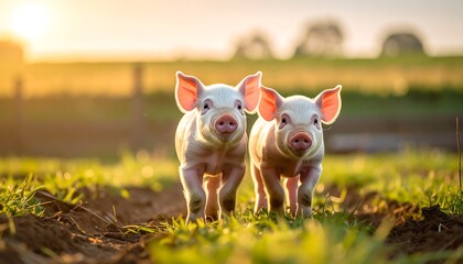 Two small, pink piglets stand in a sunny field, illuminated by the warm light of the setting sun. They appear curious and content