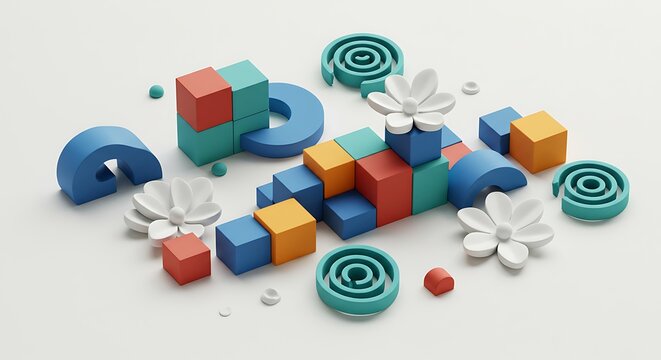 Colorful Geometric Shapes and Abstract Elements Arranged on a White Background.